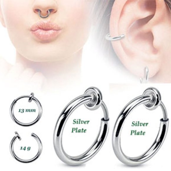 New 2 925 Silver Plate Spring Clip-on Fake Nose Lip Ear Body Jewelry No PAIN! - Picture 1 of 6